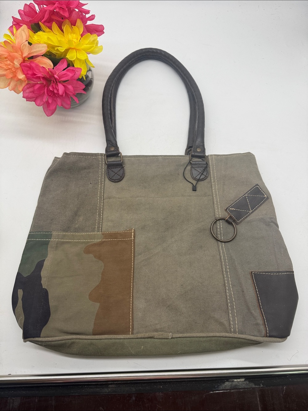 Vintage Addiction Canvas Tote Bag with Camouflage Patch - Olive Green